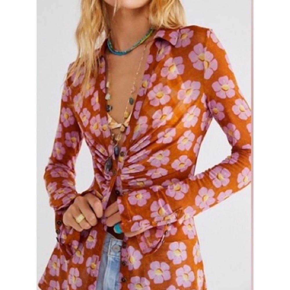 Free People Lucky Mesh Button Front Ruched Shirtee Brown Pink Floral Top M